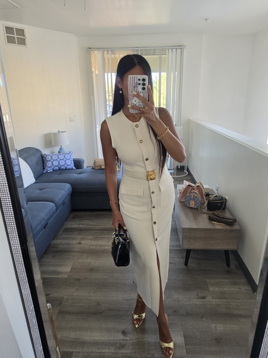 Zara Dresses & Skirts - Zara Cream Button-Front Midi Dress with Gold Accents